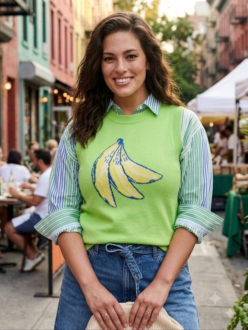 Sleeveless Banana Intarsia Knit Tank Top Plus Size XXL - Green